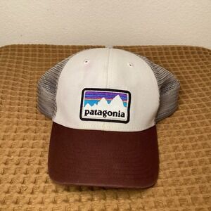 Patagonia Logo Ridge Trucker Hat White Burgundy Red One SnapBack Adjustable